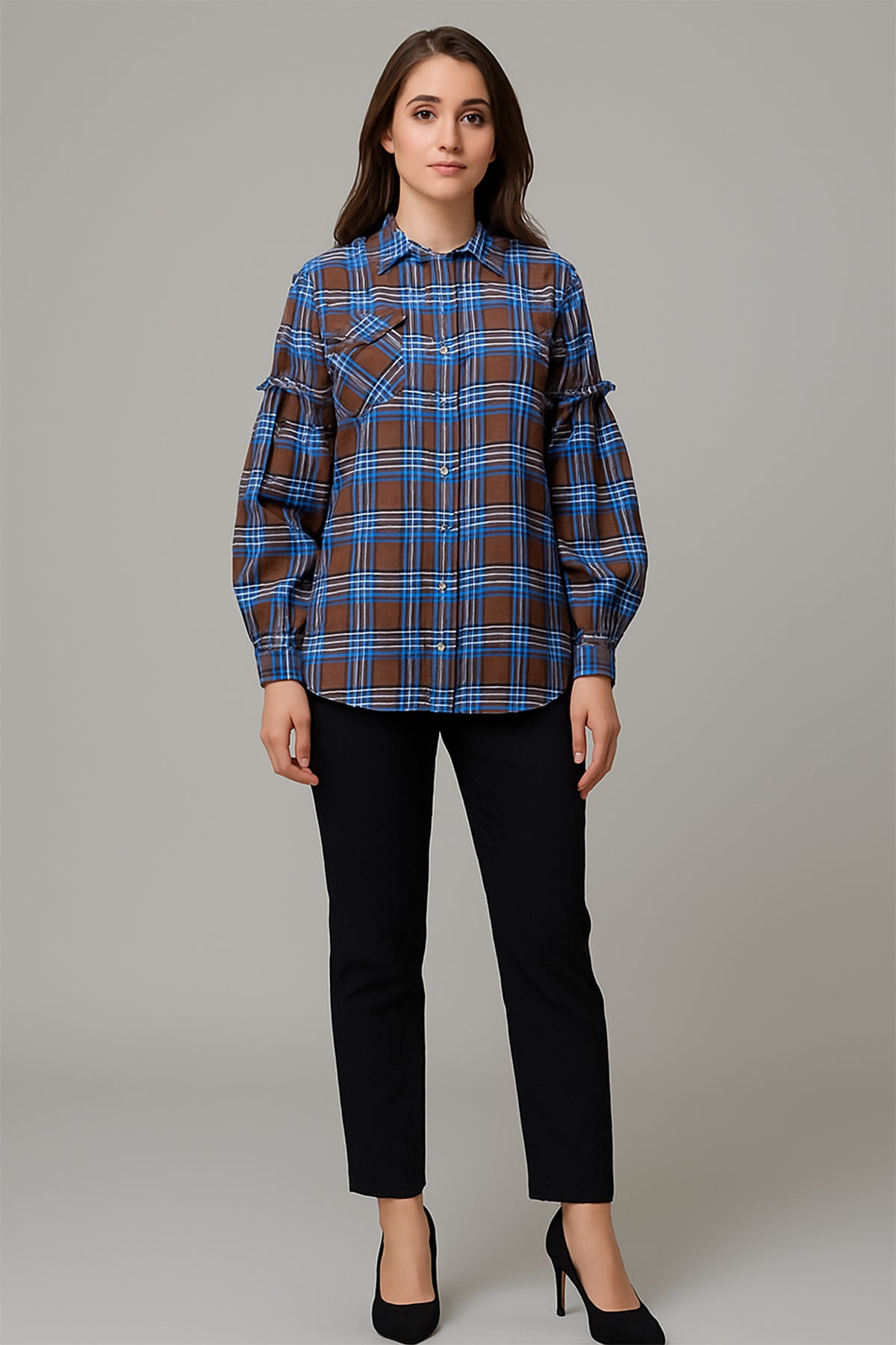 Blue & Brown Checkered Linen Shirt with Ruffle Sleeves