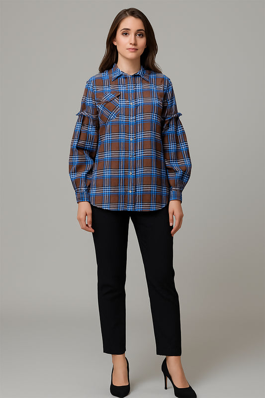 Blue & Brown Checkered Linen Shirt with Ruffle Sleeves