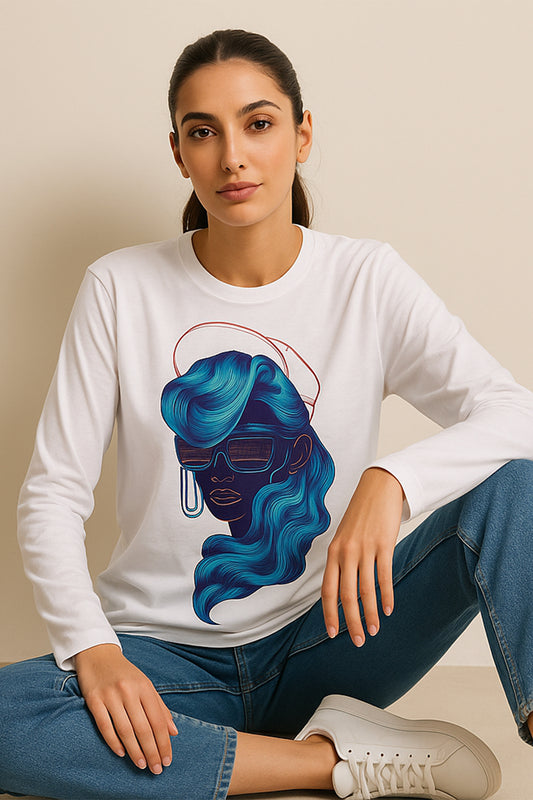 Abstract Printed White Cotton Long Sleeve Tee