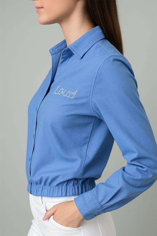 Women's Sky Blue Cotton Shirt with Rhinestone "Loud" Logo