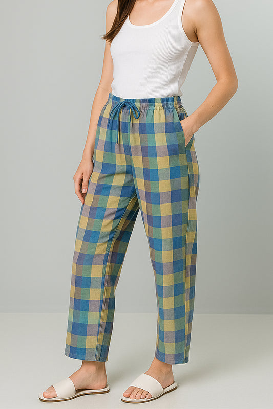 Pastel Blue & Olive Checkered Cotton Trouser