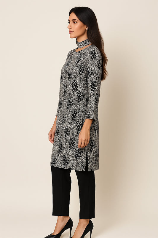 Women's Monochrome Animal Print Kurti with Cut-Out Neckline