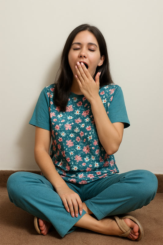 Teal Floral Cotton Pajama Set – Soft & Comfy Sleepwear