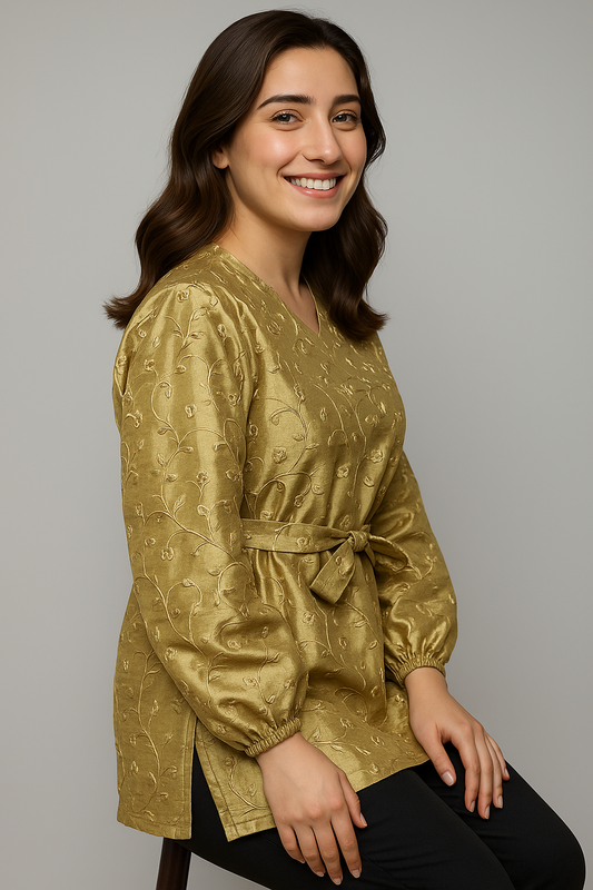 Embroidered Gold Tunic with Waist Tie