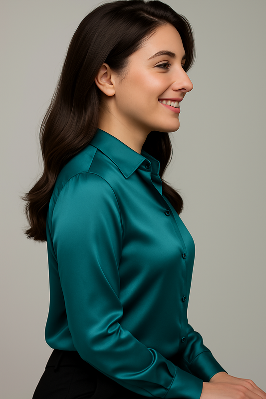 Emerald Satin Button-Up Blouse