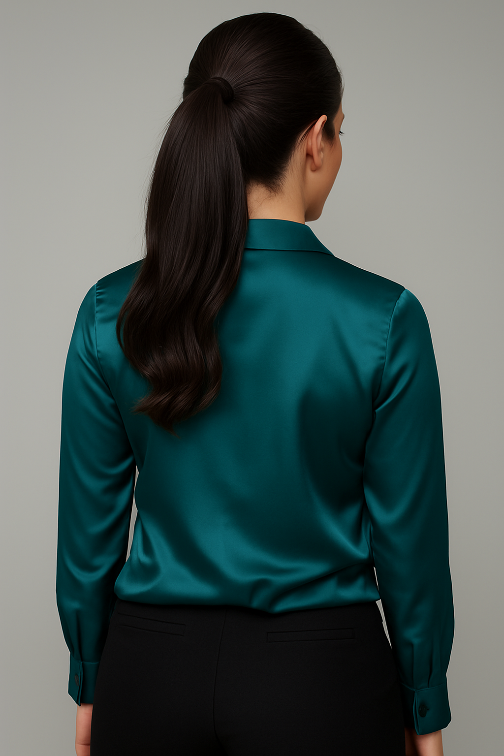 Emerald Satin Button-Up Blouse