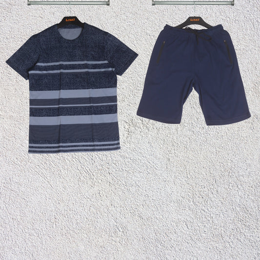 MEN PRINTED TEE AND ZIPPER POCKET SHORT SUIT