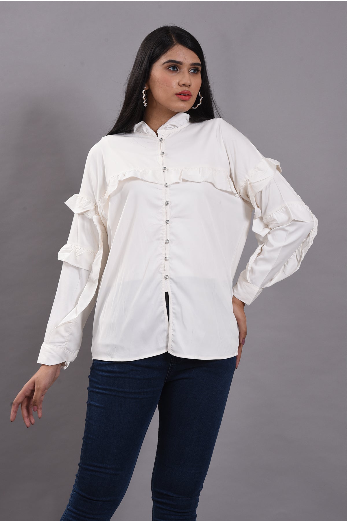 Ruffle Charm White Button-Down Shirt