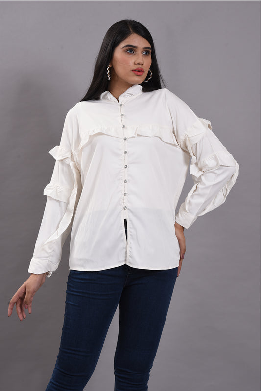 Ruffle Charm White Button-Down Shirt