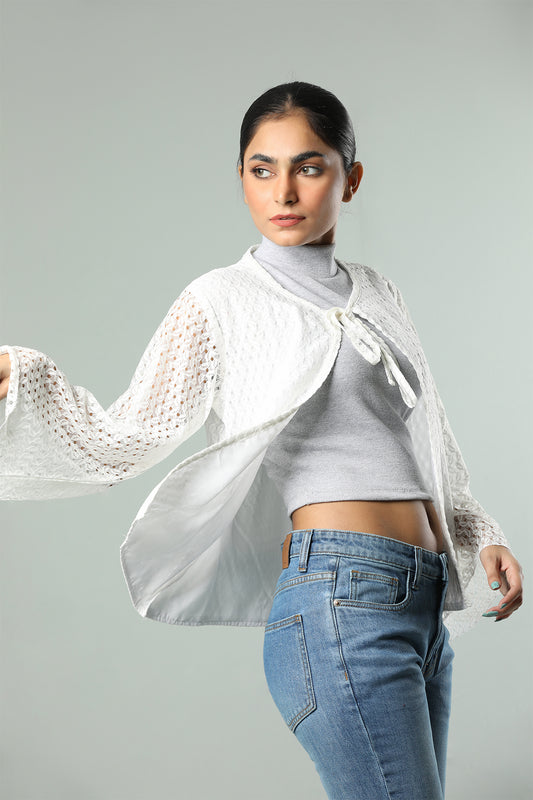 Elegant White Sheer Net Tie-Up Shrug