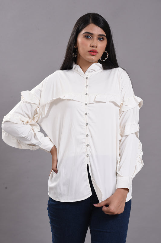 Ruffle Charm White Button-Down Shirt