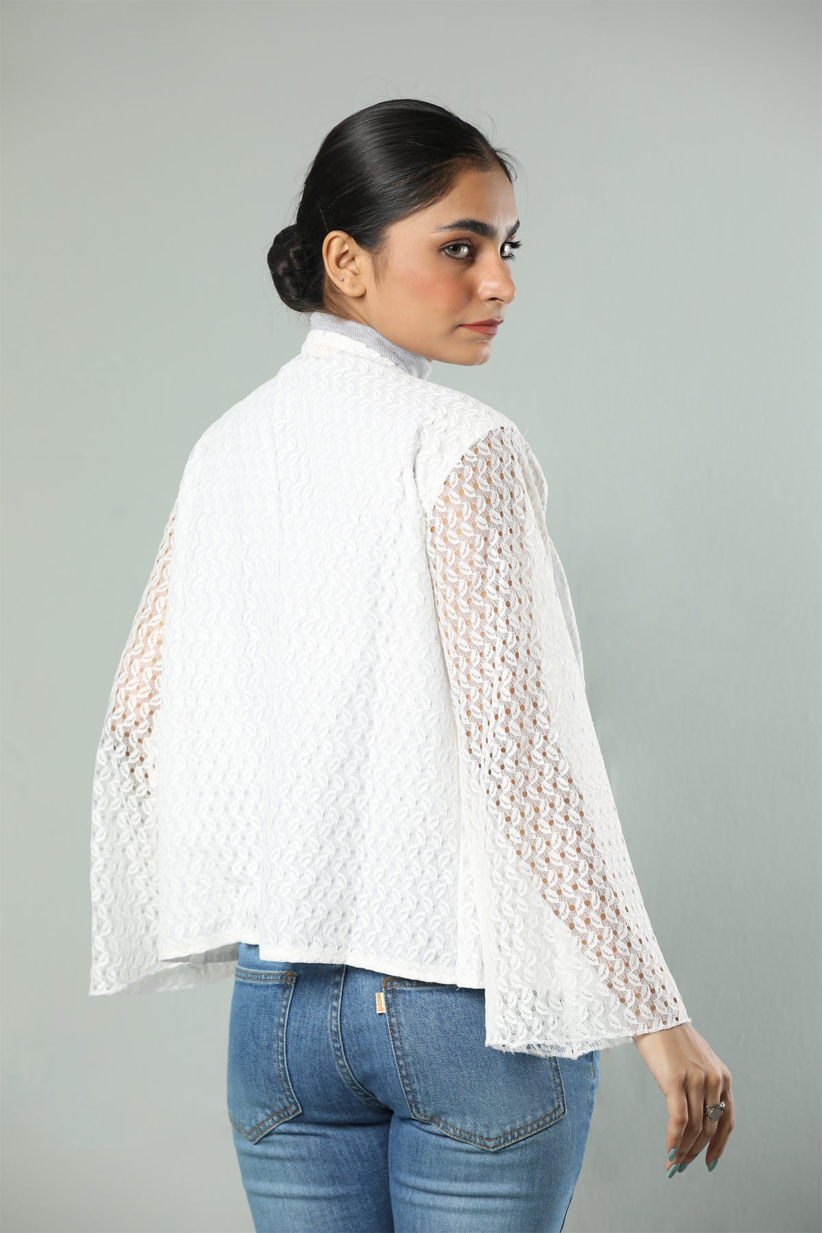 Elegant White Sheer Net Tie-Up Shrug