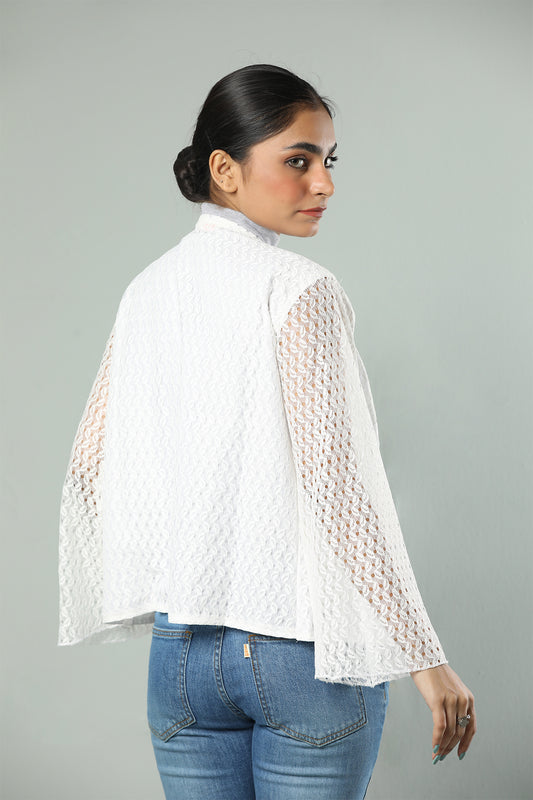 Elegant White Sheer Net Tie-Up Shrug
