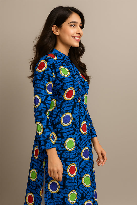 Vibrant Blue Printed Kurti with Multicolor Circle Motifs