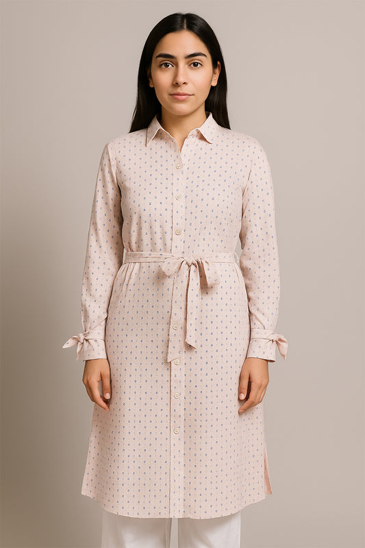 Soft Pink Button-Down Linen Kurti with Waist Tie