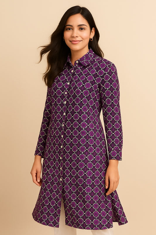 Purple Mosaic Printed Linen Kurti