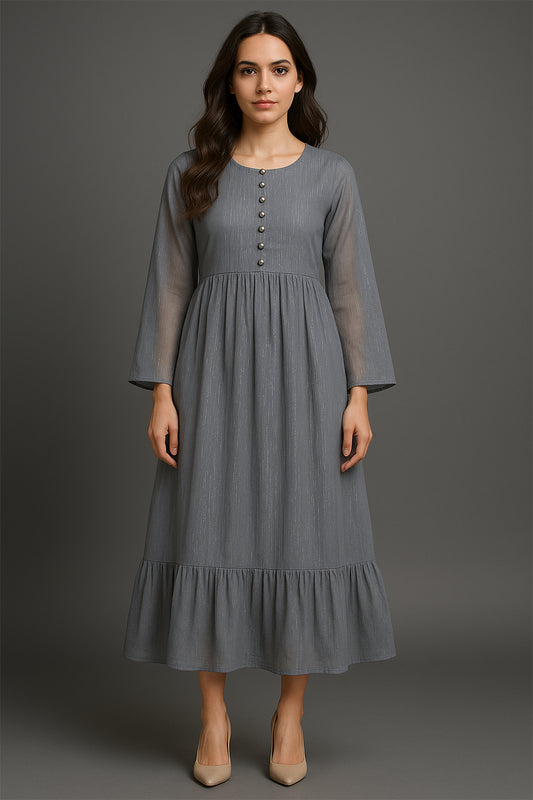 Charcoal Grey Gathered Maxi Dress – Button Front Elegance