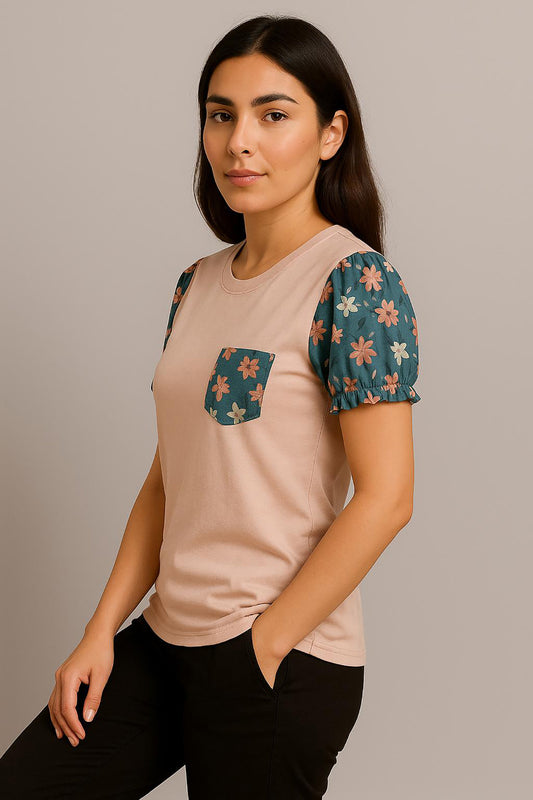 Blush Pink Puff Sleeve Floral Pocket T-Shirt