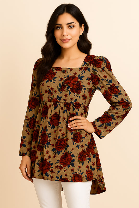 Vintage Rose Print Linen Peplum Kurti