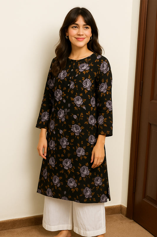 Black Floral Printed Kurti – Rose Motif Elegance