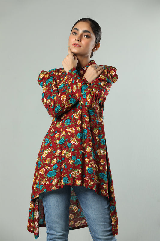 Maroon Floral High-Low Kurti with Puff Sleeves – Statement Style