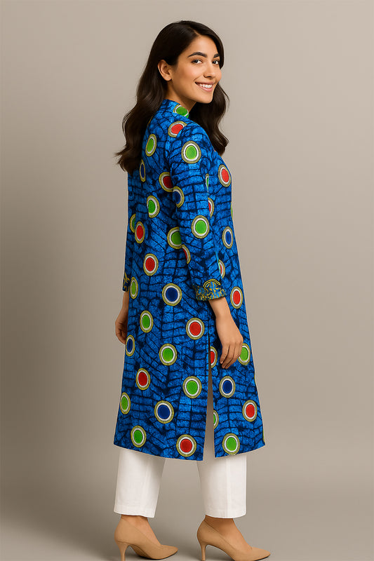 Vibrant Blue Printed Kurti with Multicolor Circle Motifs