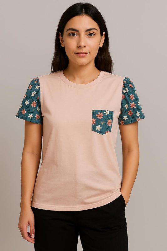 Blush Pink Puff Sleeve Floral Pocket T-Shirt