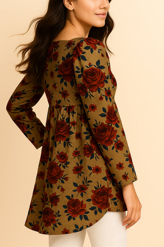 Vintage Rose Print Linen Peplum Kurti