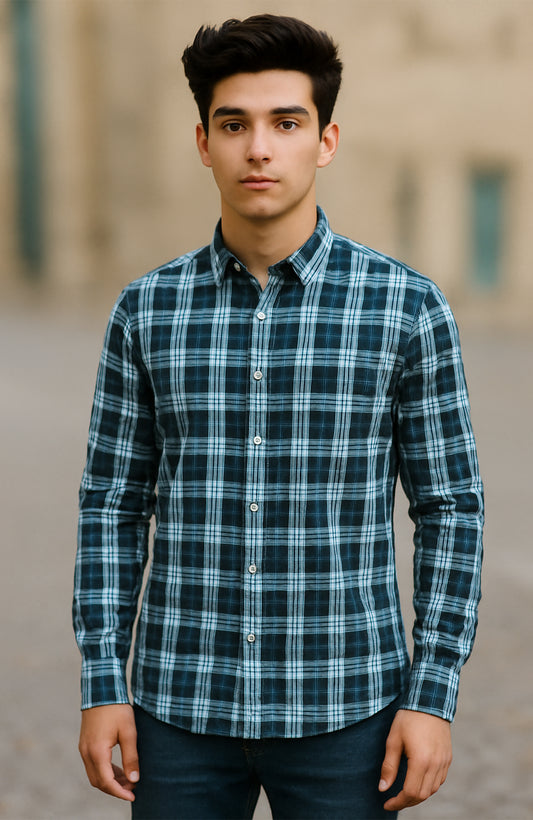 Ocean Blue Grid Check Shirt – Full Sleeve Casual Fit