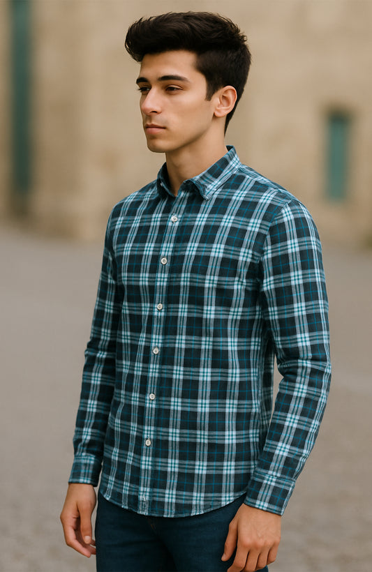 Ocean Blue Grid Check Shirt – Full Sleeve Casual Fit