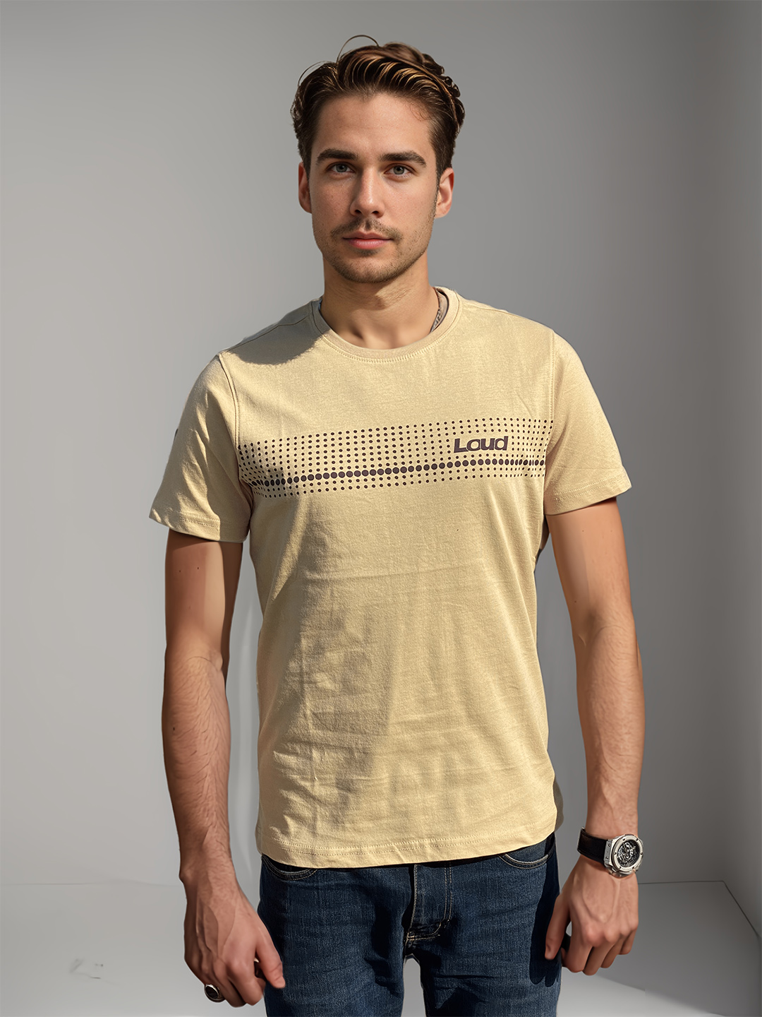 MEN BEIGE GRAPHIC PRINTED TEE