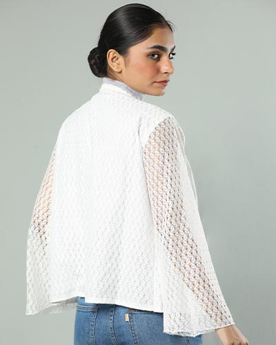 EMB NET WHITE BELL SLEEVES FRONT OPEN TOP